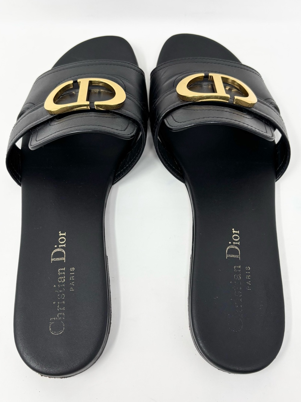Dior 30 Montaigne Slides Black Calfskin Gold CD Logo Sandals Size 38 8 Authentic - Picture 10 of 15